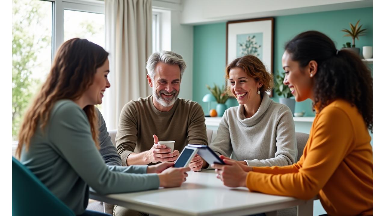 Diverse group of adults connecting with a Vital Spindle wellness coach through various communication methods including video call and in-person chat, conveying trust and accessibility.