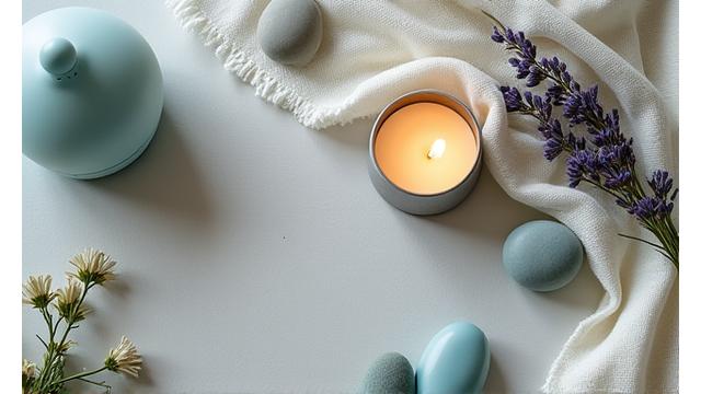 Image of calming elements like essential oils, meditation cushion, soft light, symbolizing stress relief